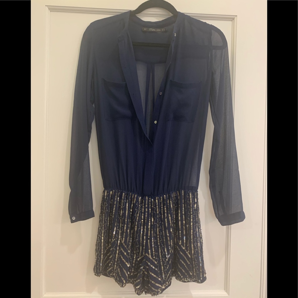 Zara Navy Blue Sheer Long-Sleeve Sequin Romper